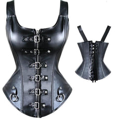 Faux Leather Harness Overbust Corset – Buckled Waist Trainer Steampunk Bustier Vest for Women - Passion Pulse Adult