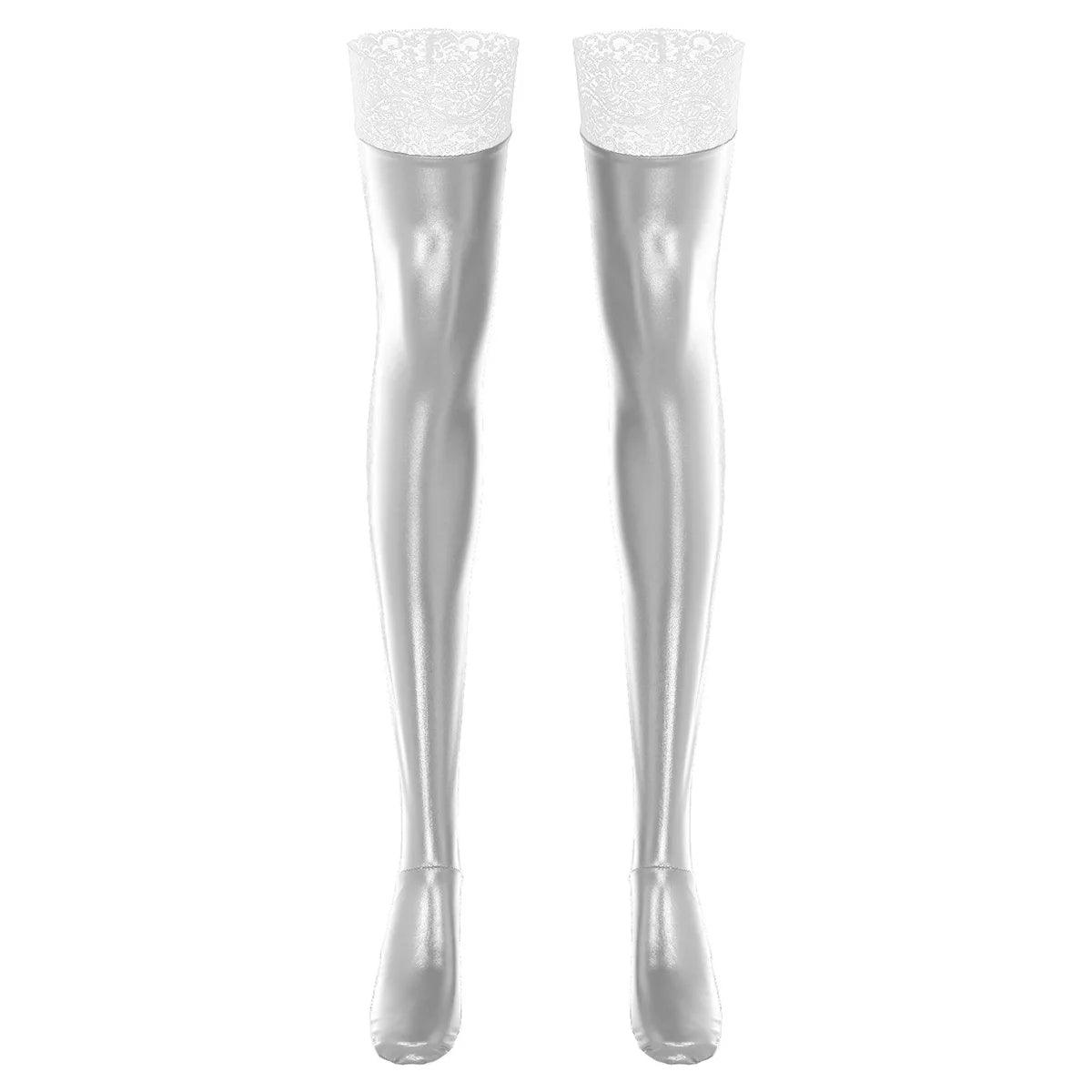 Wet Look Faux Leather Thigh-High Stockings - Passion Pulse Adult