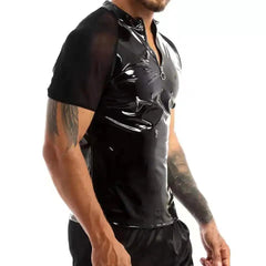 Men's Sexy Shiny Leather T-Shirt – Erotic Wetlook PVC & Metallic Latex Coat Jacket - Passion Pulse Adult