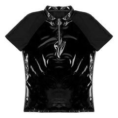 Men's Sexy Shiny Leather T-Shirt – Erotic Wetlook PVC & Metallic Latex Coat Jacket - Passion Pulse Adult