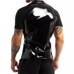 Men's Sexy Shiny Leather T-Shirt – Erotic Wetlook PVC & Metallic Latex Coat Jacket - Passion Pulse Adult