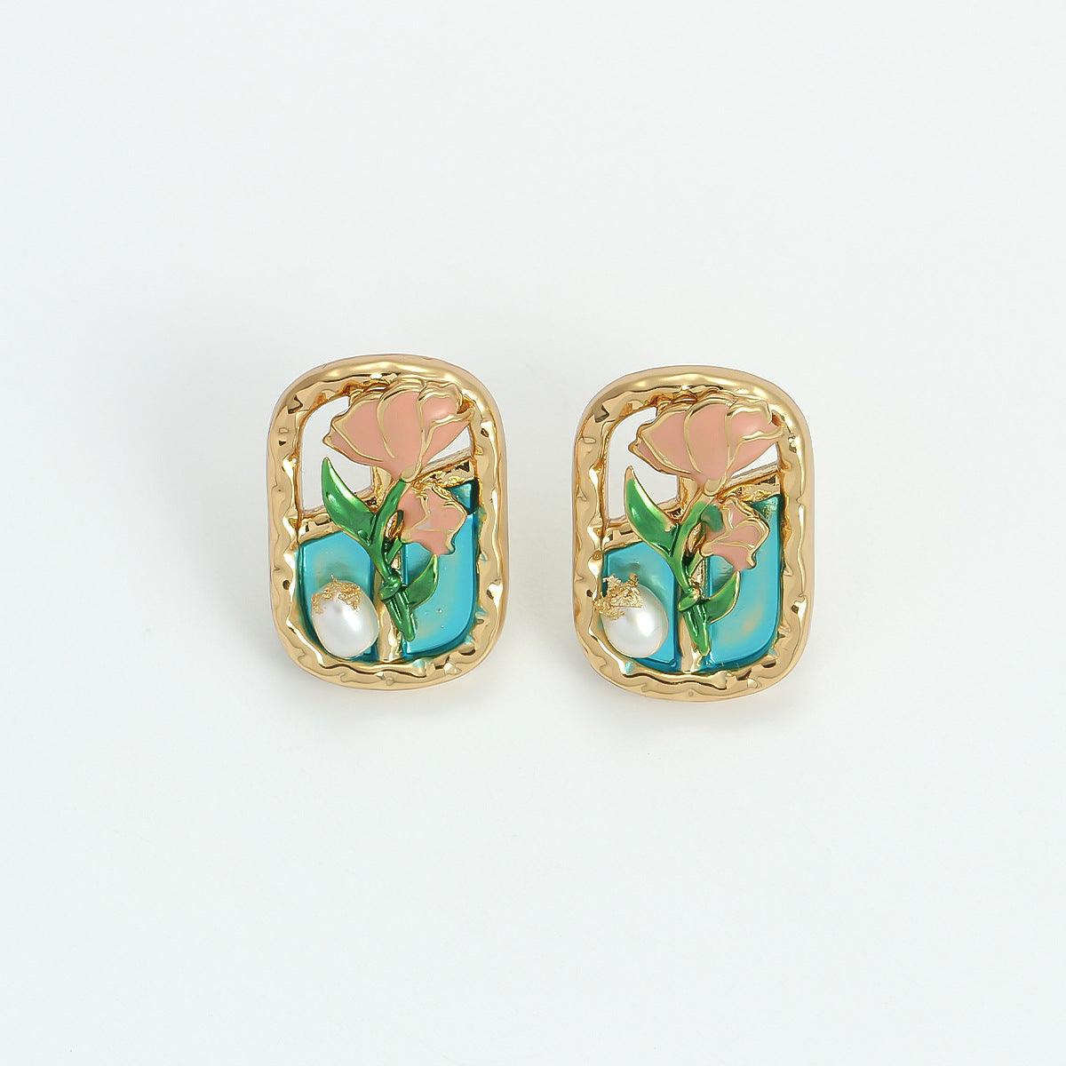 Forest Style Oil Painting Frame Flower Earrings - Passion Pulse Adult