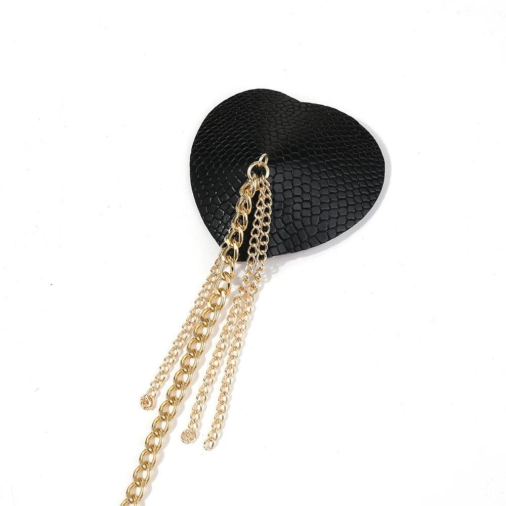 Heart Tassel Leather Nipple Covers with Chain & Choker - Passion Pulse Adult