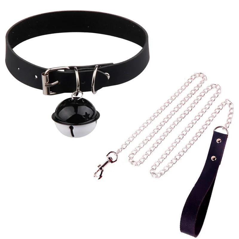 Adjustable BDSM Collar with Leash – Rivet Choker and Steel Chain Set for Couples Roleplay and Bondage Play - Passion Pulse Adult