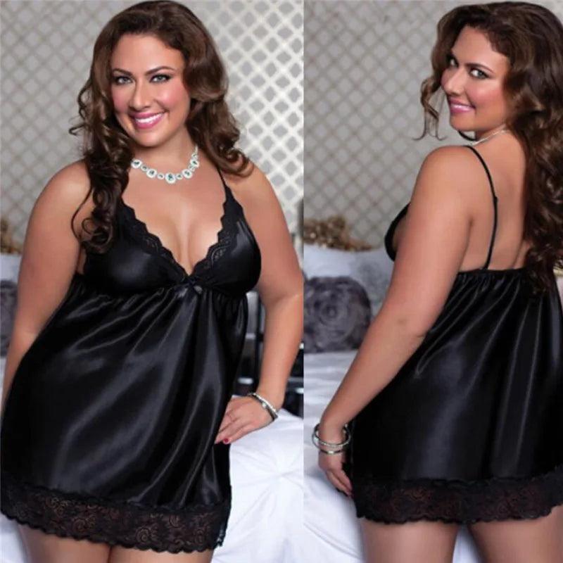 Plus Size Satin Lace Nightgown - V-Neck Sleeveless Sleepwear - Passion Pulse Adult