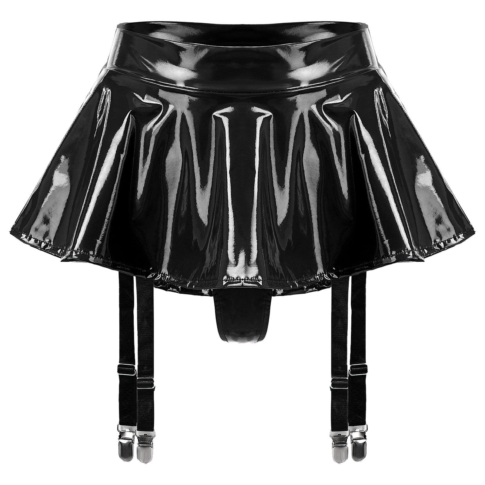 Wet Look Mini Skirt with Garter & Thong - Passion Pulse Adult