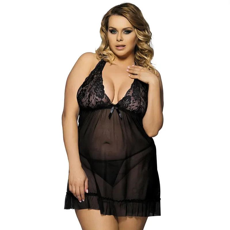Sexy Plus Size Lingerie – Transparent Lace Babydoll V-Neck Mesh Pajamas (Up to 6XL) - Passion Pulse Adult