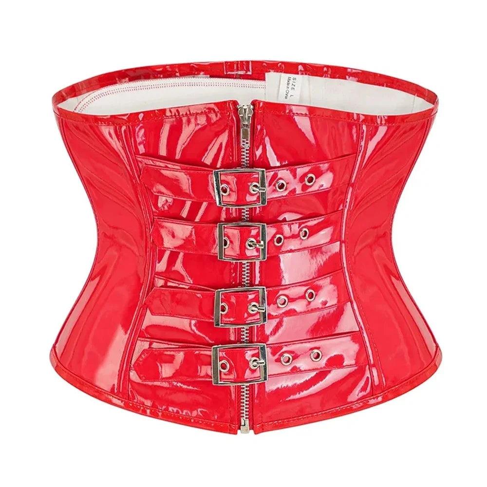 PU Leather Corset Top – Shiny PVC Steampunk Gothic Underbust Waist Cincher for Women - Passion Pulse Adult