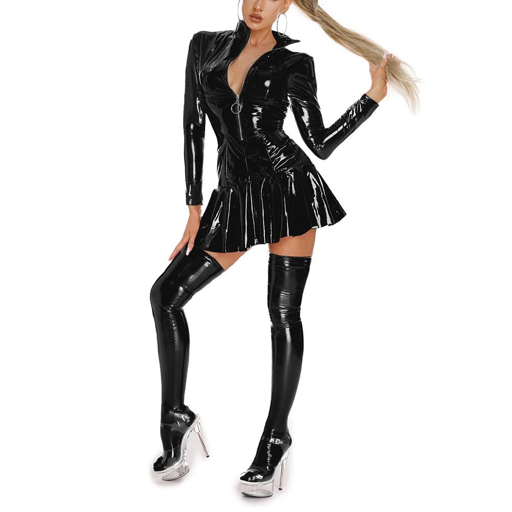 Wet Look PVC Leather Zip-Up Dress | Sexy Fit - Passion Pulse Adult