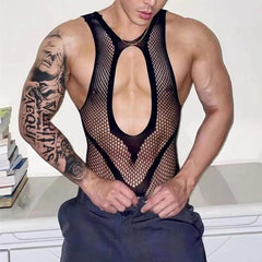 Sexy Men's Pajamas One-Piece – Transparent Crotchless Bodystocking & Erotic Sleeveless Jumpsuit - Passion Pulse Adult