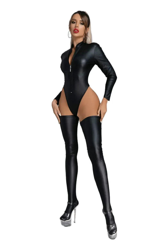 Sexy Wetlook Faux Leather Catsuit – Open Crotch PVC Latex Bodysuit with Stockings - Passion Pulse Adult