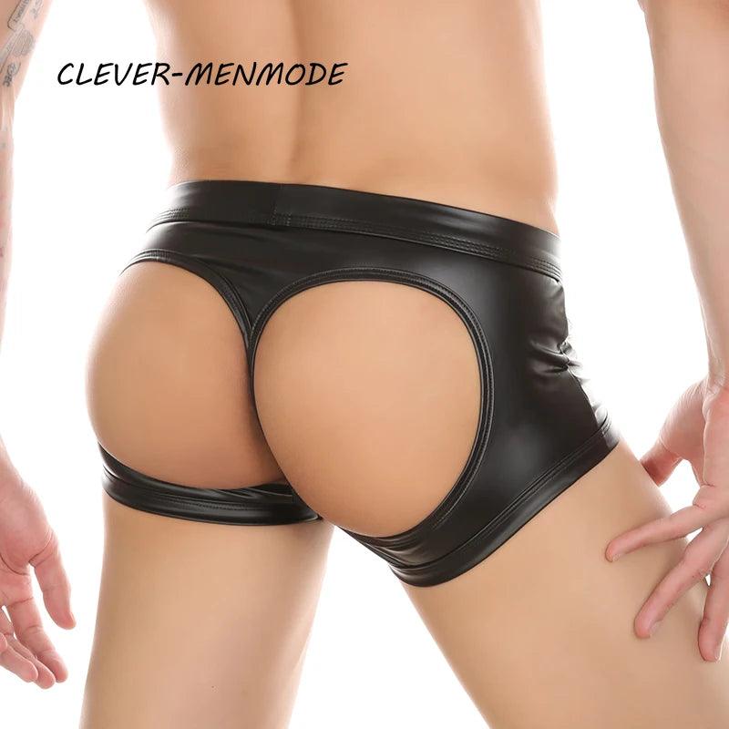 Men's Sexy PU Open Buttocks Boxers – U Convex G-String & Faux Leather Open Back Hip Panties - Passion Pulse Adult