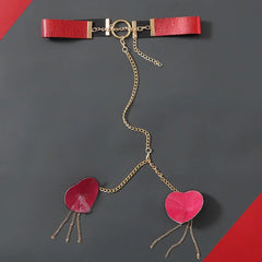 Heart Tassel Leather Nipple Covers with Chain & Choker - Passion Pulse Adult