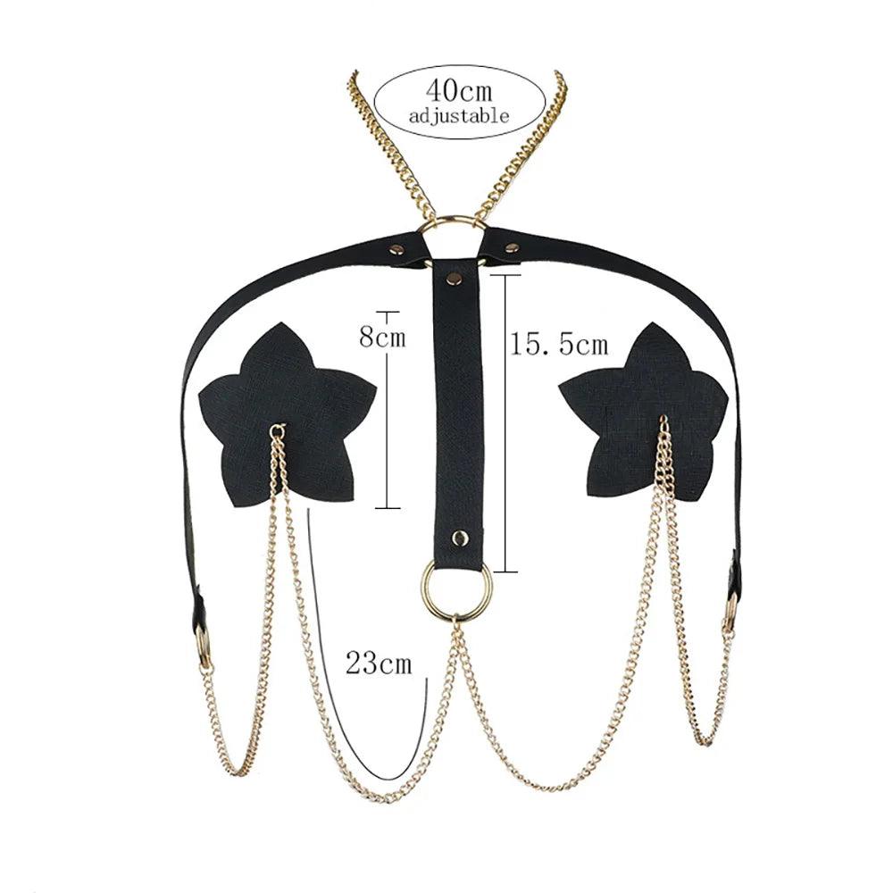 1 Pair PU Leather Body Chain & Nipple Covers – Petal Shape Choker & Erotic Jewelry - Passion Pulse Adult