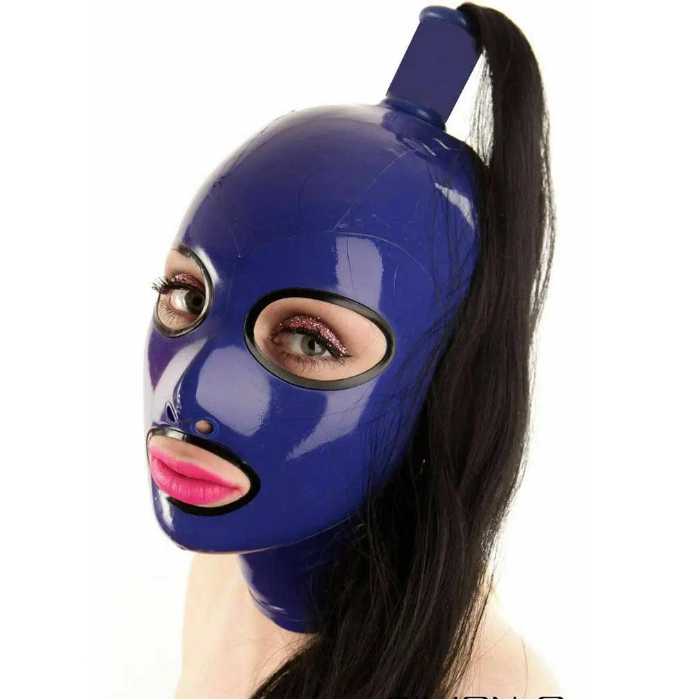 Red Latex Hood with Blonde Ponytail Wig – Full Face Rubber Mask for Cosplay, Clubwear, and Party Costumes - Passion Pulse Adult