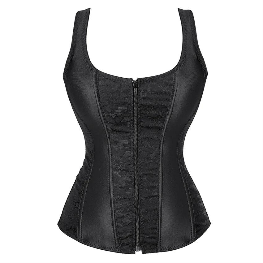 Women’s Floral Jacquard Overbust Corset – Gothic Steampunk Zipper Bustier with Straps - Passion Pulse Adult