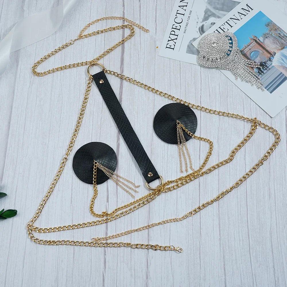 Heart Tassel Leather Nipple Covers with Chain & Choker - Passion Pulse Adult