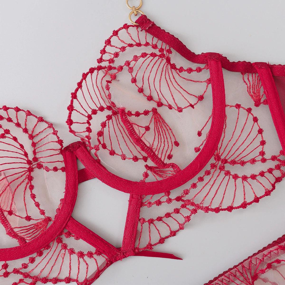 Elegant Floral Lace Lingerie Set for Women – Garter Belt, G-String, and Underwire Bra with Adjustable Straps - Passion Pulse Adult