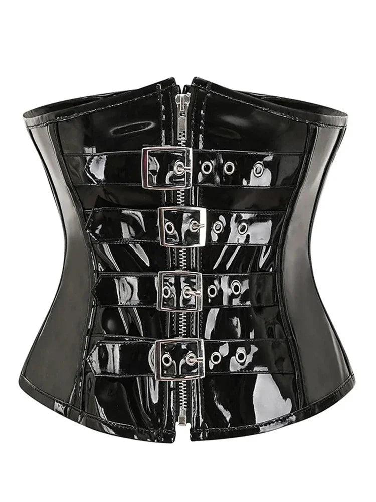 PU Leather Corset Top – Shiny PVC Steampunk Gothic Underbust Waist Cincher for Women - Passion Pulse Adult