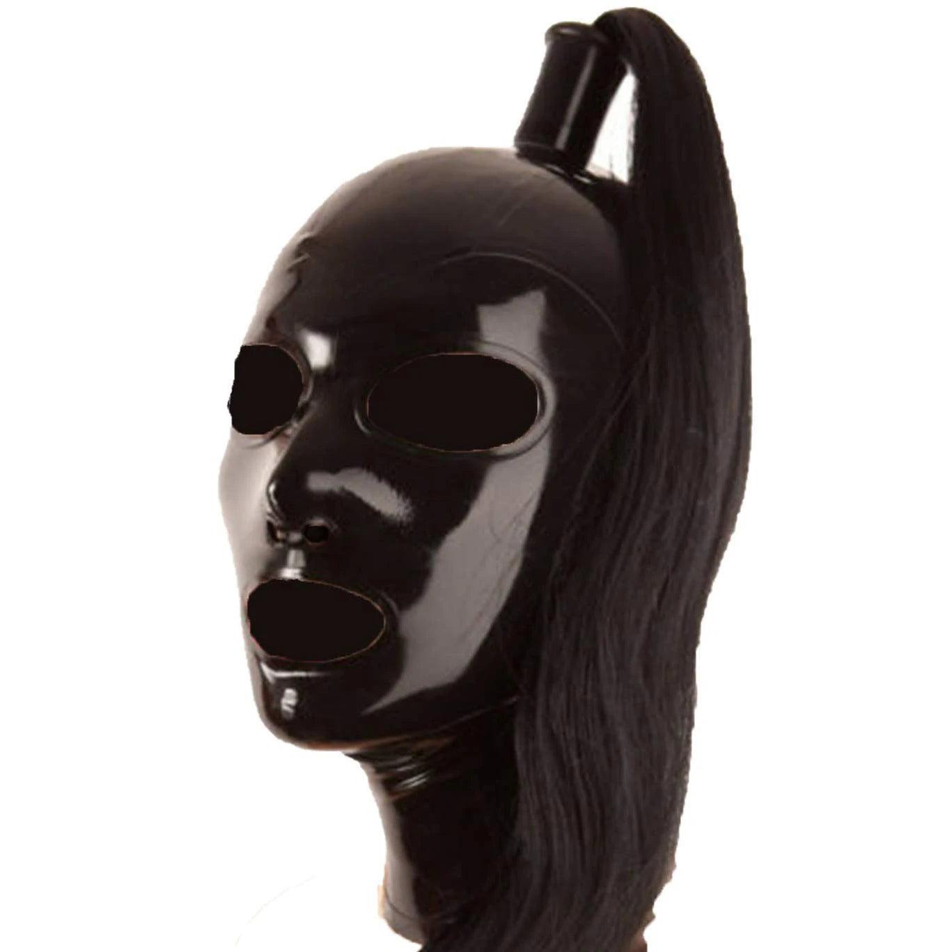 Red Latex Hood with Blonde Ponytail Wig – Full Face Rubber Mask for Cosplay, Clubwear, and Party Costumes - Passion Pulse Adult