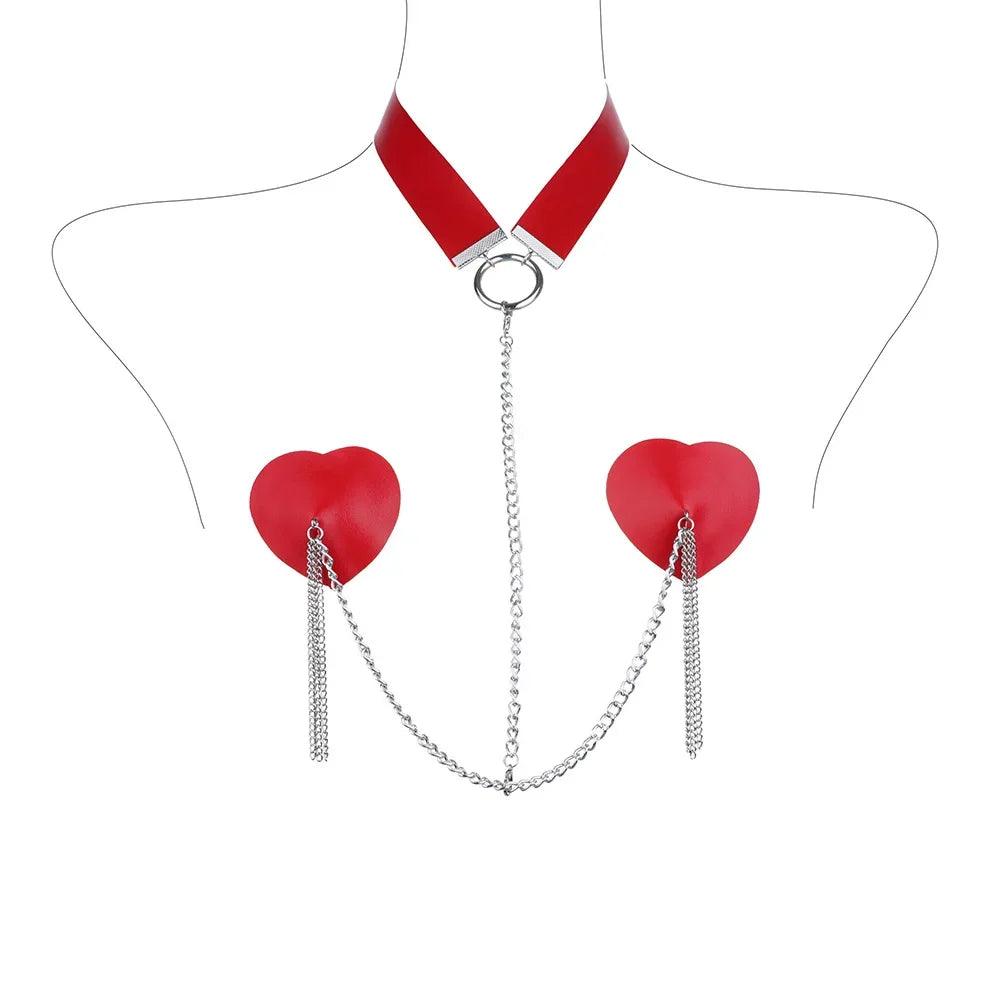 Heart Tassel Leather Nipple Covers with Chain & Choker - Passion Pulse Adult