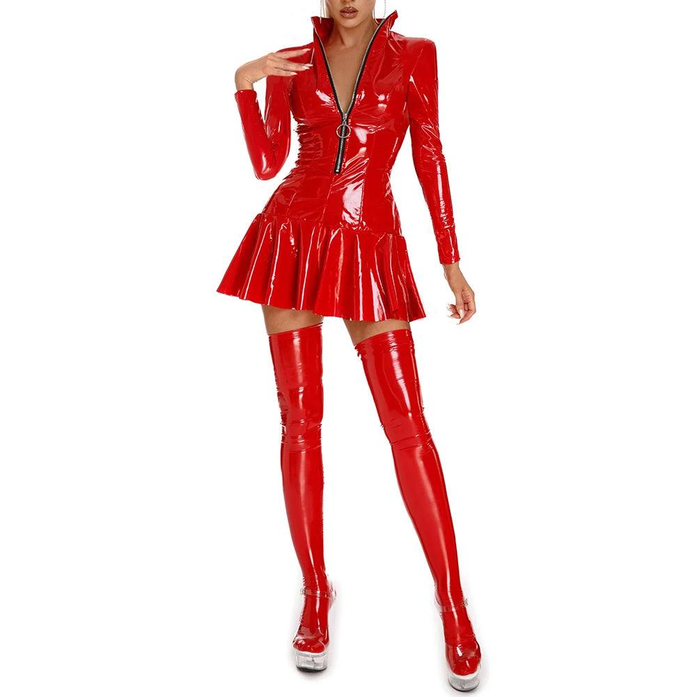 Wet Look PVC Leather Zip-Up Dress | Sexy Fit - Passion Pulse Adult