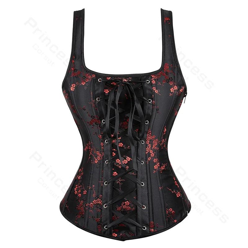 Women’s Floral Jacquard Overbust Corset – Gothic Steampunk Zipper Bustier with Straps - Passion Pulse Adult