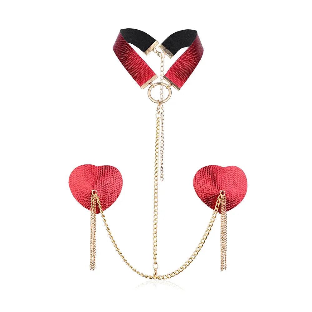 Heart Tassel Leather Nipple Covers with Chain & Choker - Passion Pulse Adult