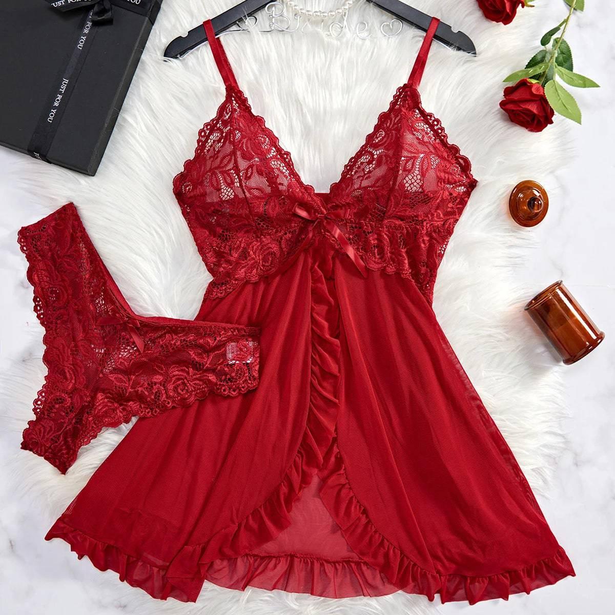 Seductive Red Lace Babydoll Nightdress with Matching Panty - See-Through Sexy Sleepwear - Passion Pulse Adult