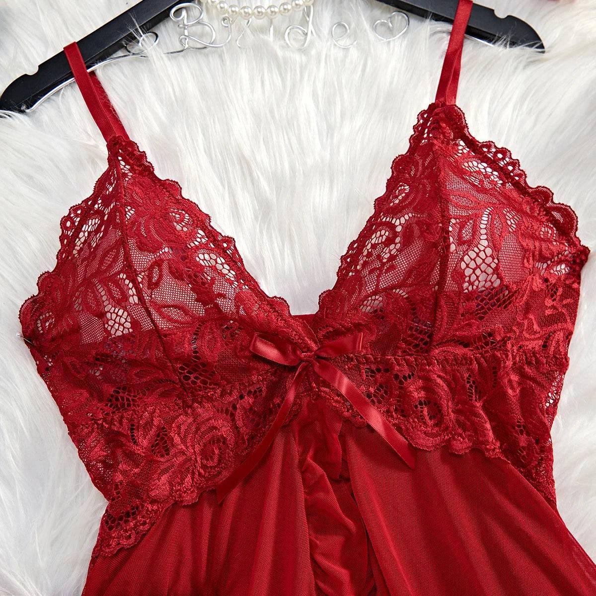 Seductive Red Lace Babydoll Nightdress with Matching Panty - See-Through Sexy Sleepwear - Passion Pulse Adult