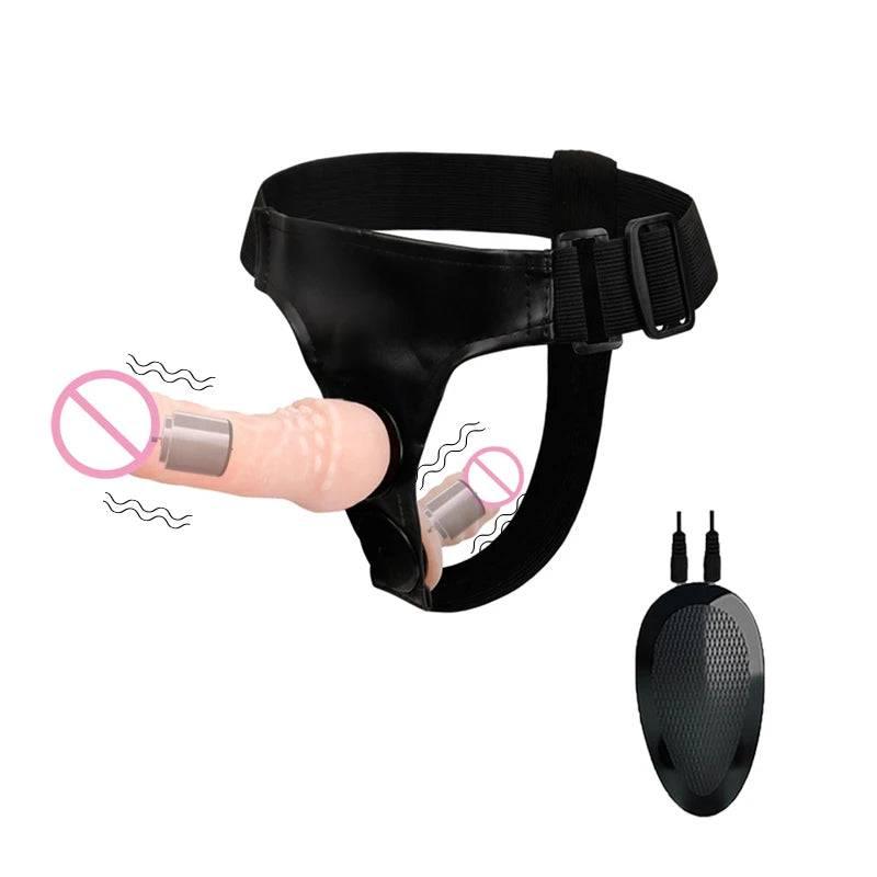 Double Penis Realistic Dildo Vibrator: Ultra Elastic Strap-On Harness for Women - Adult Sex Toy for Lesbians - Passion Pulse Adult