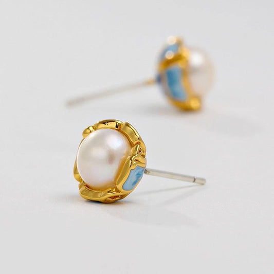 Exquisite Enamel Flower Ear Studs adorned with New Freshwater Pearls - Passion Pulse Adult