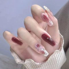 Elegant Burgundy Floral Press-On Nails Set - Passion Pulse Adult