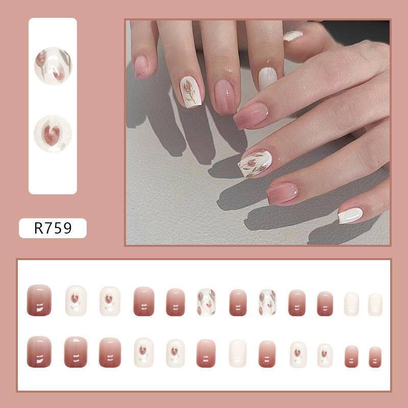 Elegant Floral Design Press-On Nail Set Wearing Short Flowers - Passion Pulse Adult