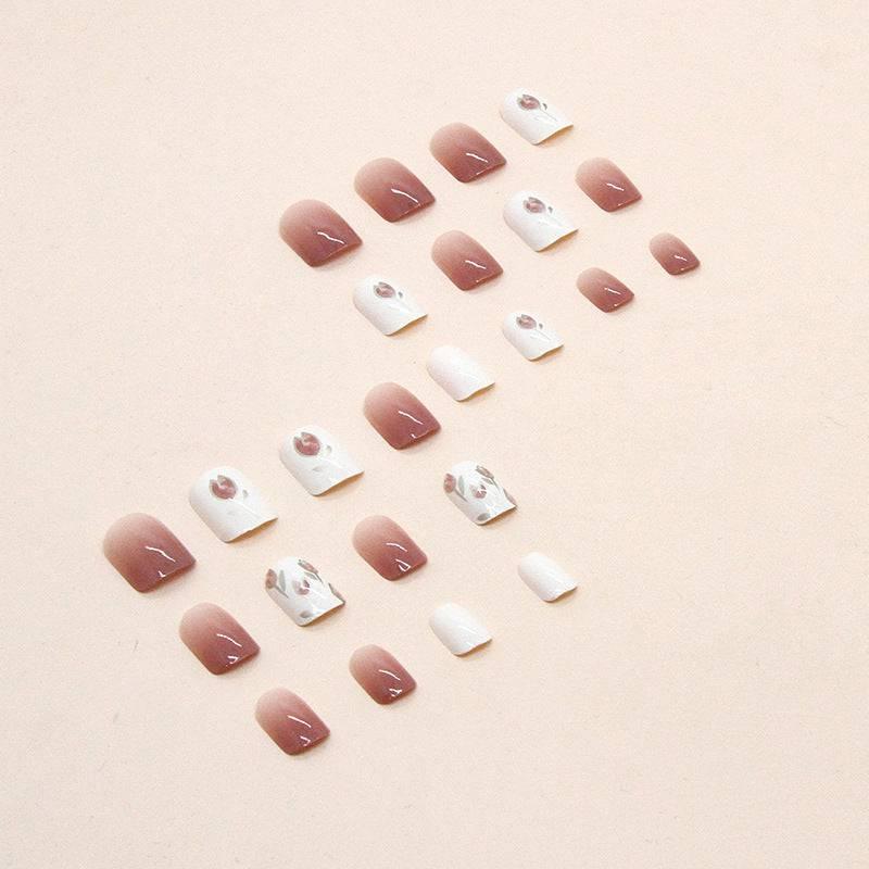 Elegant Floral Design Press-On Nail Set Wearing Short Flowers - Passion Pulse Adult