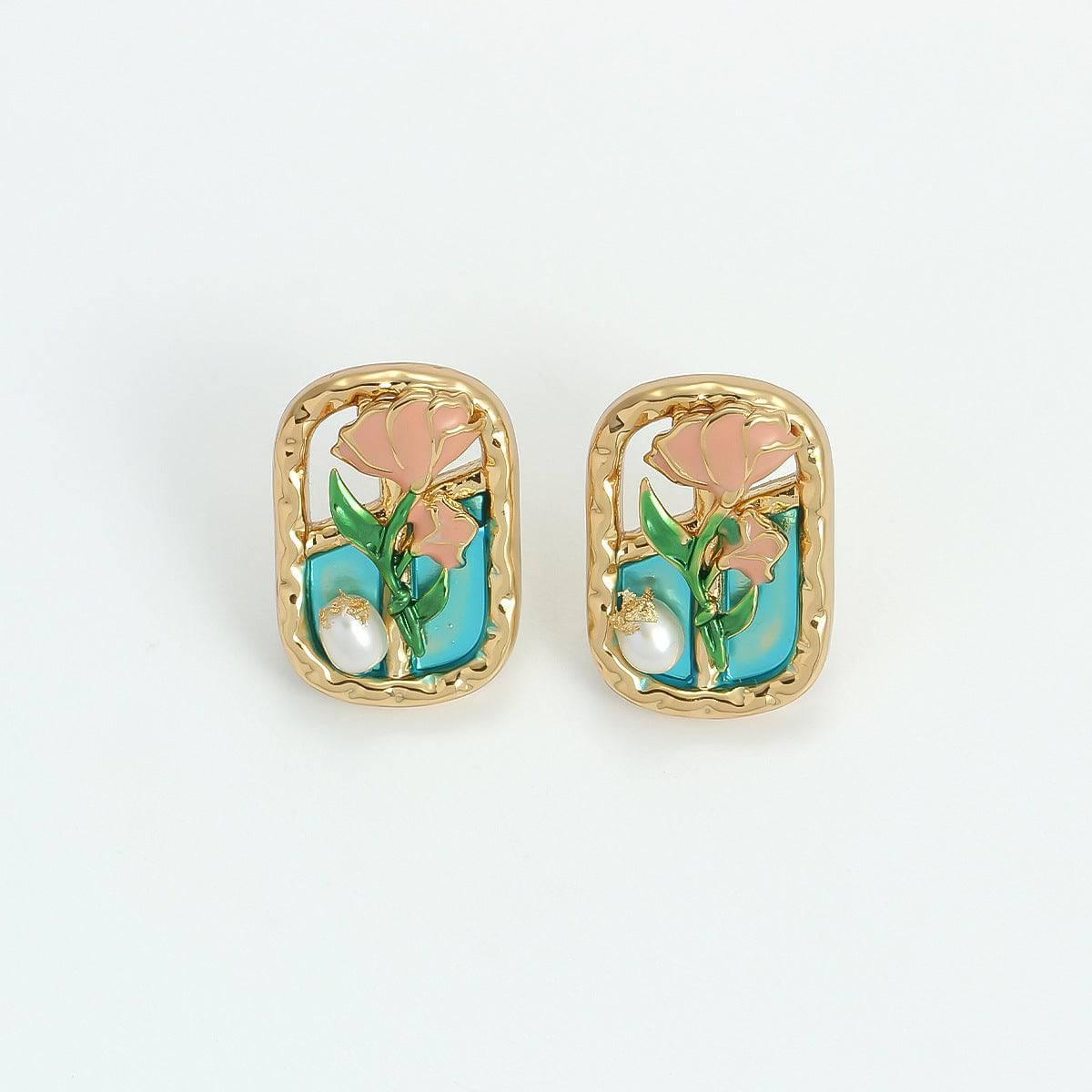 Forest Style Oil Painting Frame Flower Earrings - Passion Pulse Adult
