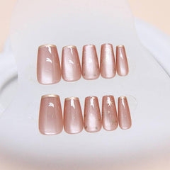 Nude Press-On Nails with Gold Marble Design Wearing - 24 Piece Set for a Sophisticated Look - Passion Pulse Adult