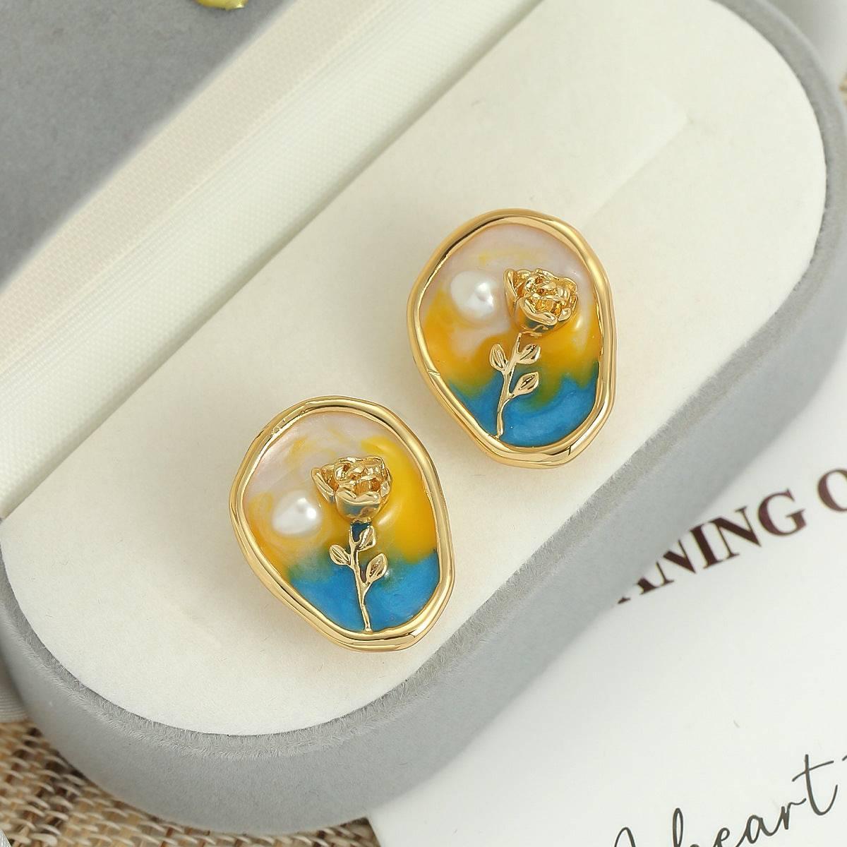 Vintage Enamel Flower Earrings with Oil Painting Effect - Passion Pulse Adult