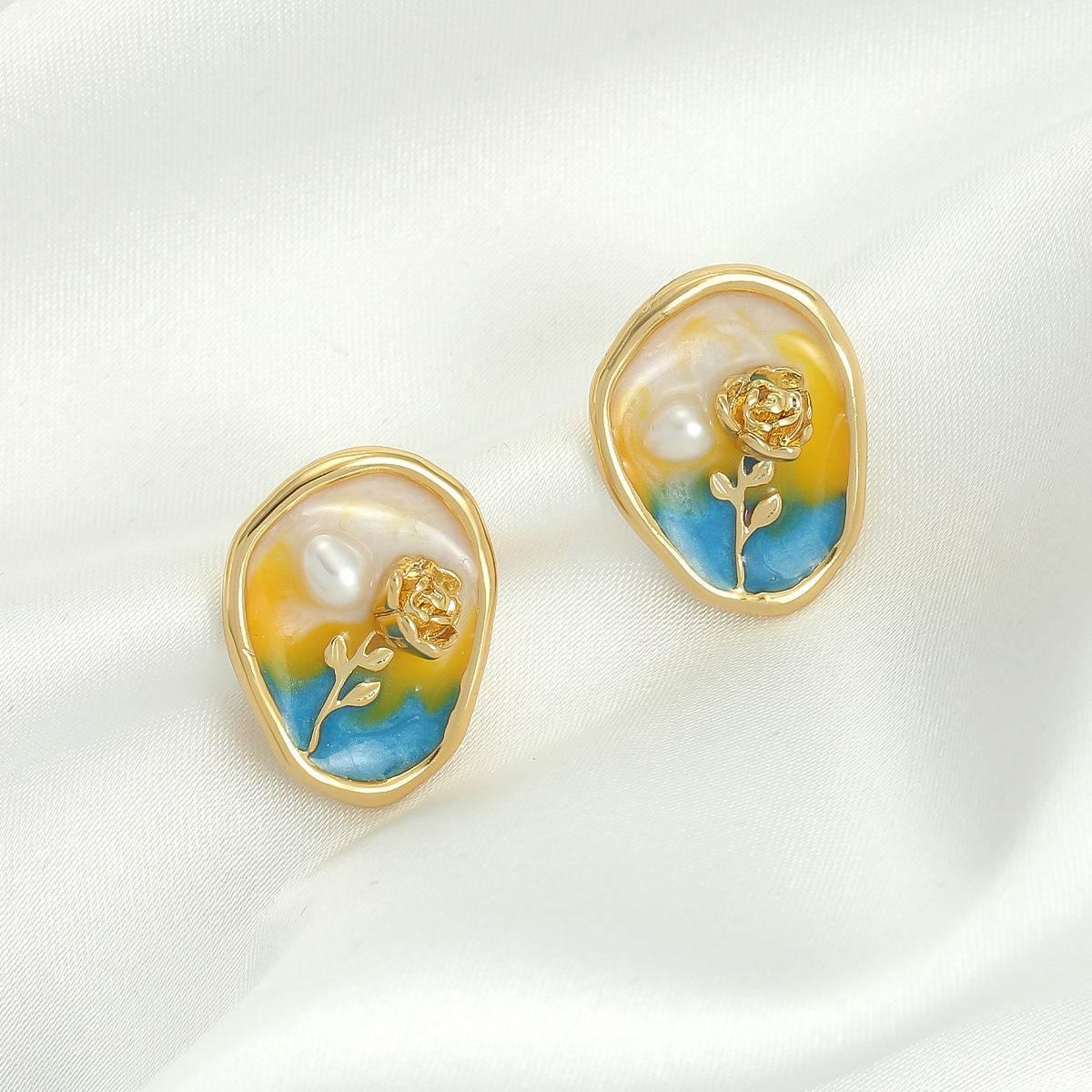 Vintage Enamel Flower Earrings with Oil Painting Effect - Passion Pulse Adult