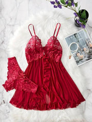 Romantic Lace Ruffle Lingerie Set - Deep V Slip Dress with Matching Thong - Passion Pulse Adult