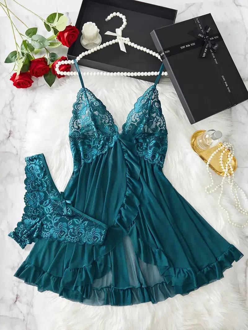 Romantic Lace Ruffle Lingerie Set - Deep V Slip Dress with Matching Thong - Passion Pulse Adult