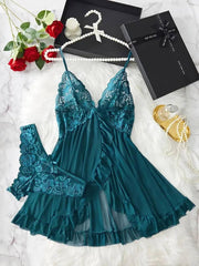 Romantic Lace Ruffle Lingerie Set - Deep V Slip Dress with Matching Thong - Passion Pulse Adult