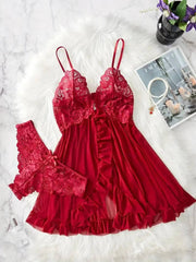 Romantic Lace Ruffle Lingerie Set - Deep V Slip Dress with Matching Thong - Passion Pulse Adult