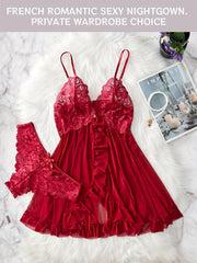 Romantic Lace Ruffle Lingerie Set - Deep V Slip Dress with Matching Thong - Passion Pulse Adult