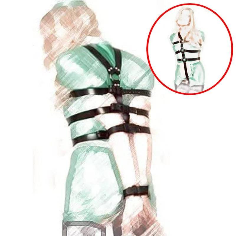 Adjustable Leather Bondage Restraint Harness with Handcuffs and Neck Collar - BDSM Back Restraint Chastity Harness for Couples Roleplay and Fetish Play - Passion Pulse Adult