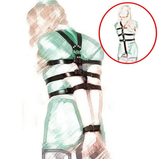 Adjustable Leather Bondage Restraint Harness with Handcuffs and Neck Collar - BDSM Back Restraint Chastity Harness for Couples Roleplay and Fetish Play - Passion Pulse Adult
