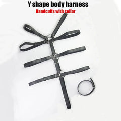 Adjustable Leather Bondage Restraint Harness with Handcuffs and Neck Collar - BDSM Back Restraint Chastity Harness for Couples Roleplay and Fetish Play - Passion Pulse Adult