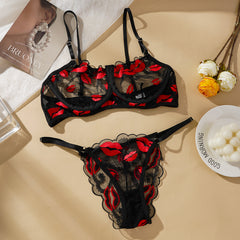 conjunto de sujetador sexy con busto realzado con encaje de malla bordada