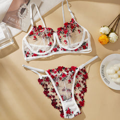 conjunto de sujetador sexy con busto realzado con encaje de malla bordada