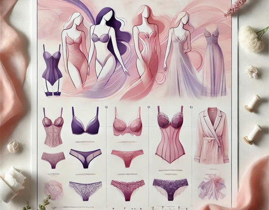 Elegant lingerie collection featuring bras, panties, corsets, and robes in soft pink and purple hues